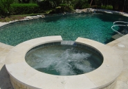 Free Form Pool and Spa with Dark Bottom and Dive Rock